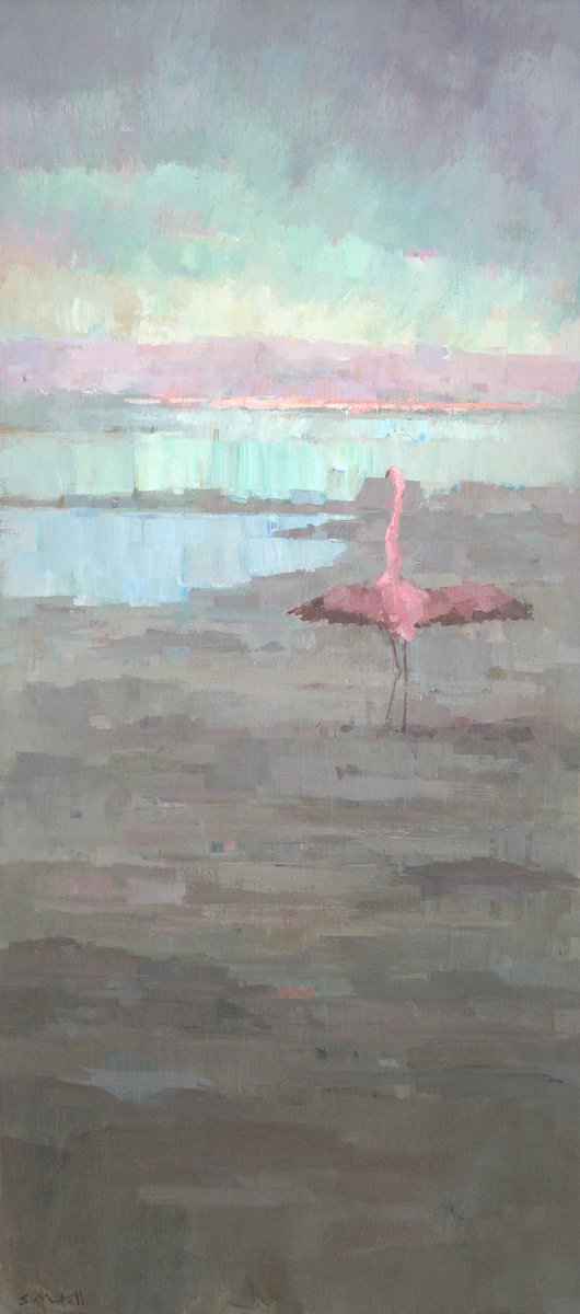 Impressionistic Animal Acrylic Painting By Steve Mitchell, 16 X 36", Lone Flamingo, Original Artwork