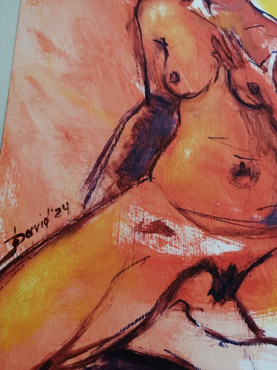 Nude orange study women oil on paper