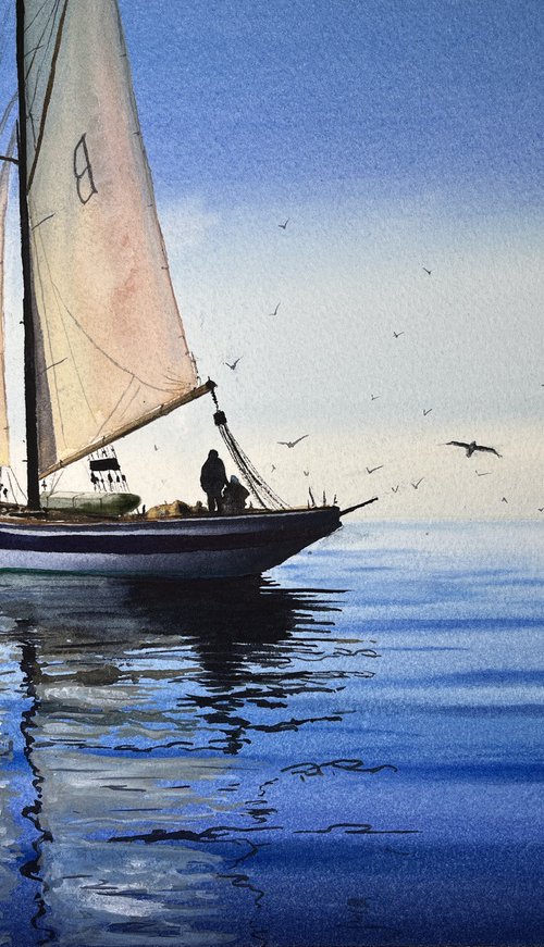 Sailboat on tranquil sea. by Erkin Yılmaz