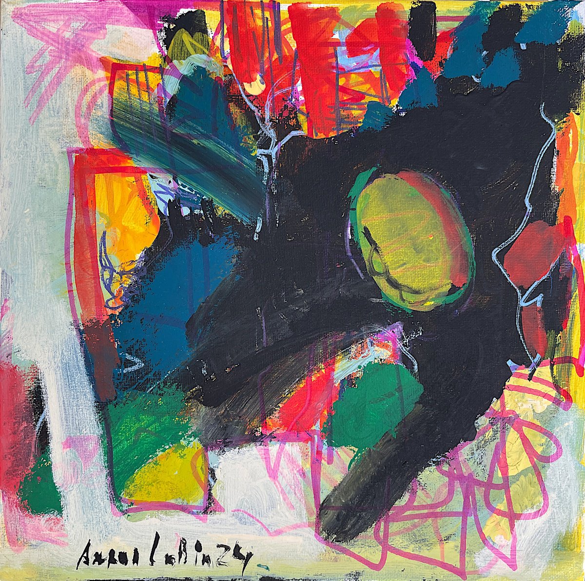 Impressionistic Abstract Acrylic Painting By Aaaron Labin (Grigoryan), 12 X 12, Black Fantasy, Original Artwork