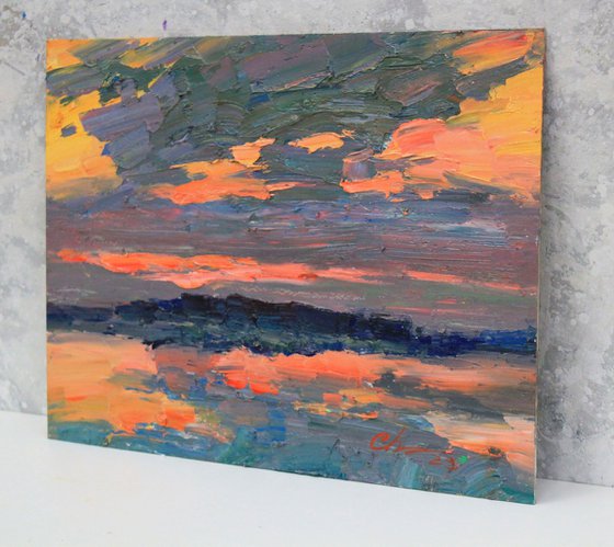 Sunset art, Landscape painting, Riverscape, Oil Painting Original, Nature, One of a kind, Wall art home decor, Impressionist art