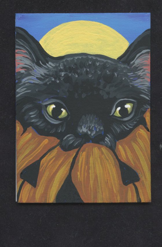 ACEO ATC Original Miniature Painting Halloween Pumpkin Pet Cat Art-Carla Smale