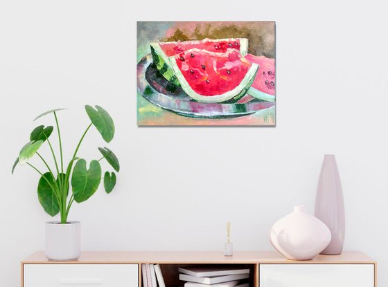 Watermelon slices, Watermelon Painting Original Art Fruit Artwork Still Life Kitchen Wall Art