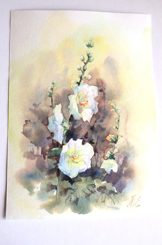 White Hollyhocks in watercolor, Small Wild flowers painting