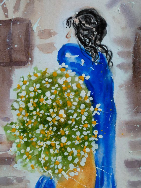 Daisy Painting Woman Original Art Girl Watercolor Artwork Home Wall Art 8 by 12" by Halyna Kirichenko