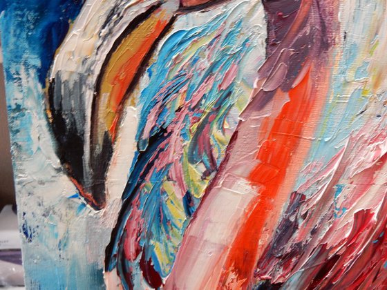 Swan. Colorful original oil painting. Palette knife, heavy tecstured bright art.