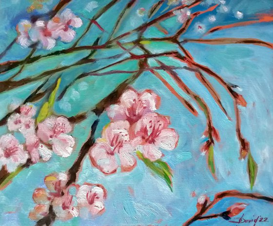 Almond blossom oil painting on wood