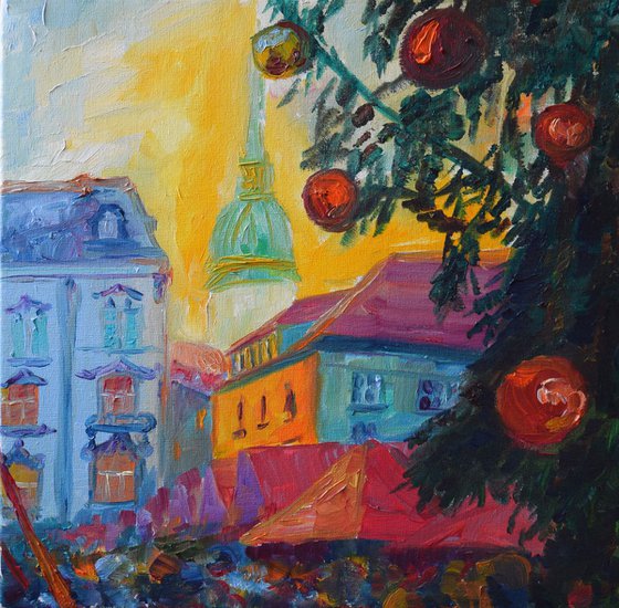 Christmas oil painting on canvas Christmas market in Bratislava, Europe
