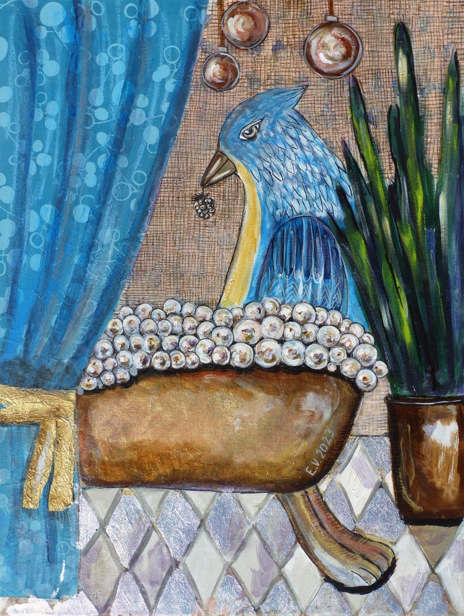 Surrealistic Painting , Bird In The Bathroom#2 By Elizabeth Vlasova, 18 X 24, Artwork For Sale On Artfinder