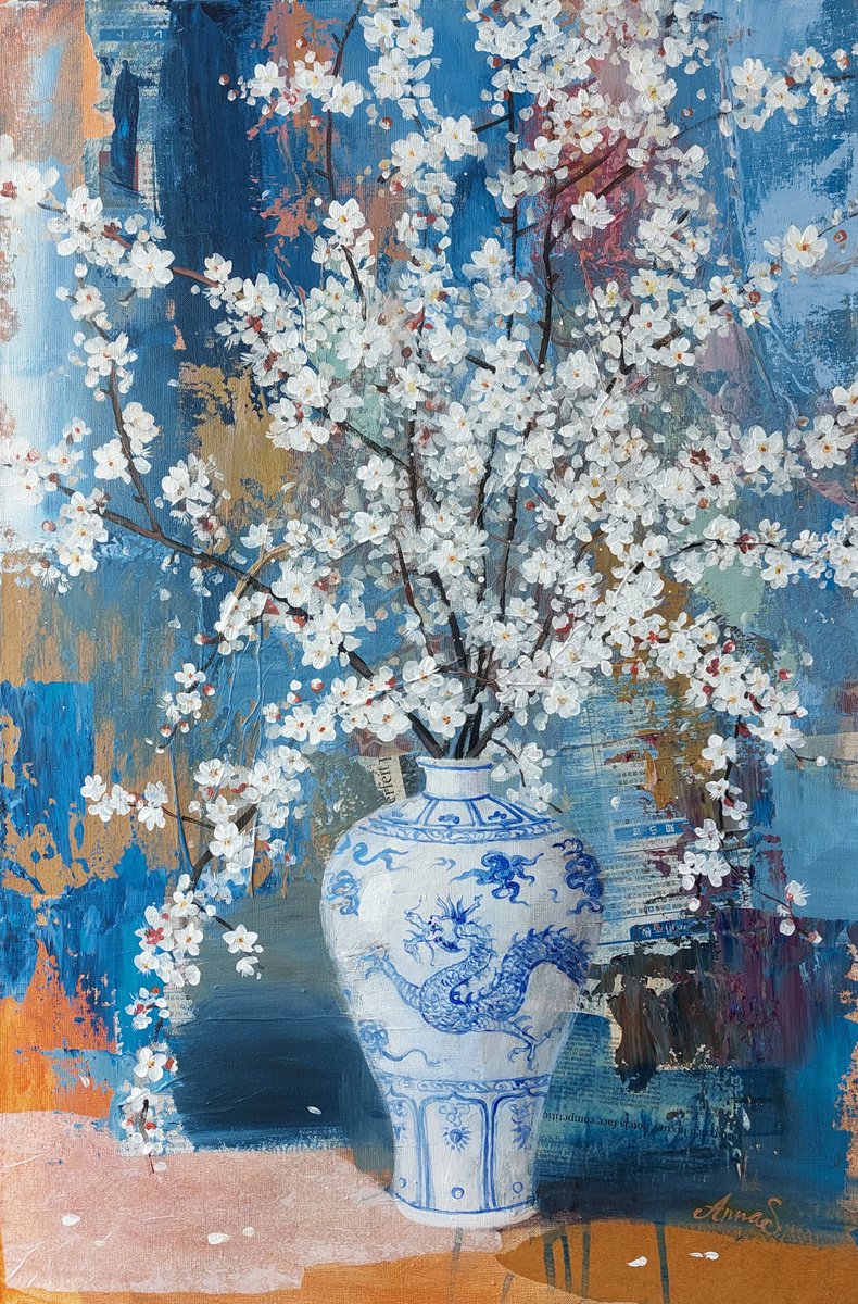 Expressive Botanical Acrylic Painting By Anna Silabrama, 24 X 35, - ?The Vase Of Spring - ?, Original Artwork