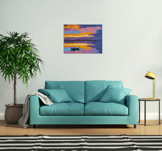 Silence - colorful evening on the lake; sunset; home, office décor