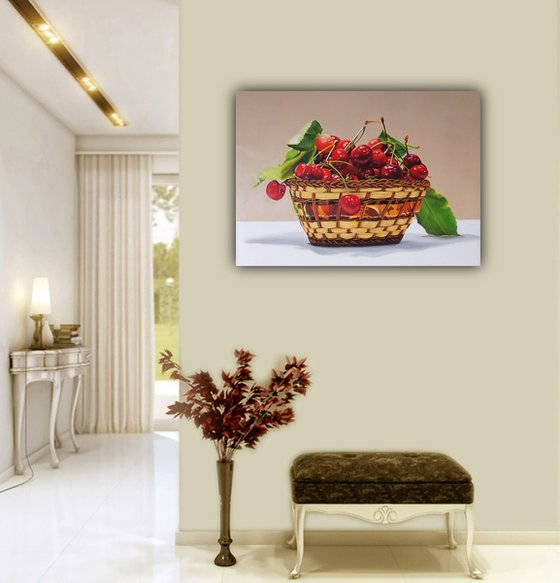 Cherries painting, Original oil on canvas realistic art, 70x50 cm