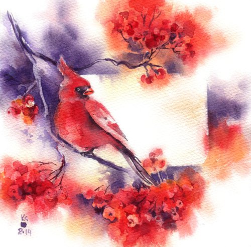 "New year card with rowan and cardinal bird" original watercolor artwork small format by Ksenia Selianko