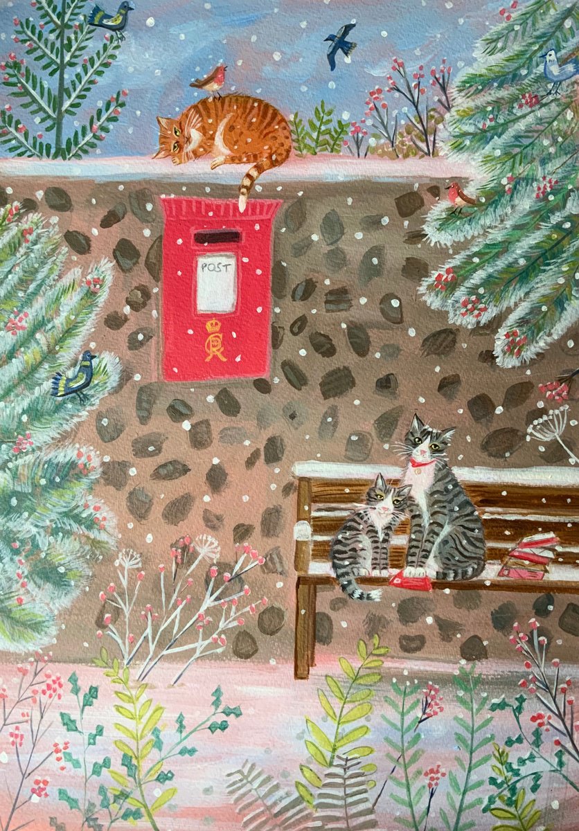 Illustrative Animal Acrylic Painting By Mary Stubberfield, 11 X 15", Post Cats, Original Artwork