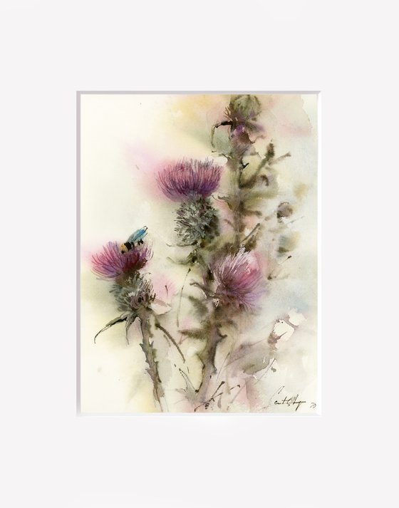 Thistle - Pink Flowers Painting, Scotland National Flower