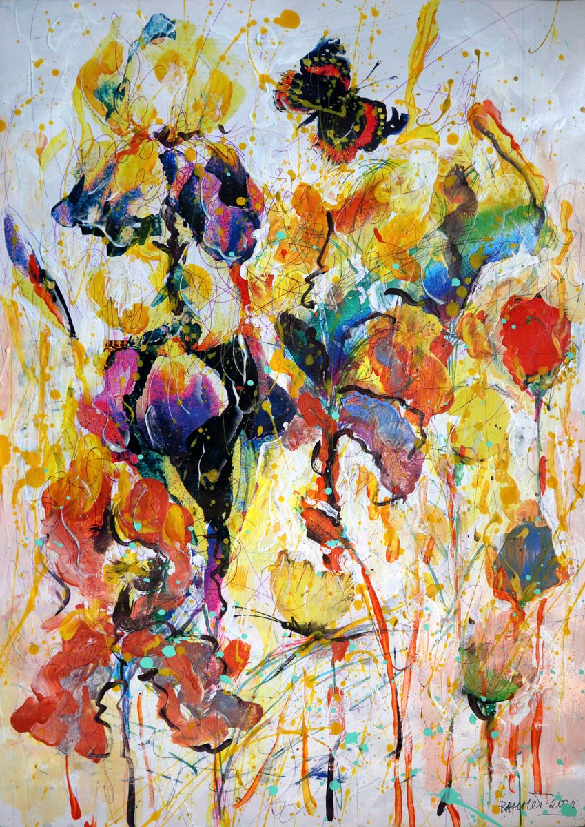 Impressionistic Botanical Acrylic Painting By Rakhmet Redzhepov, 17 X 23", Fantasy With Flowers 154, Original Artwork