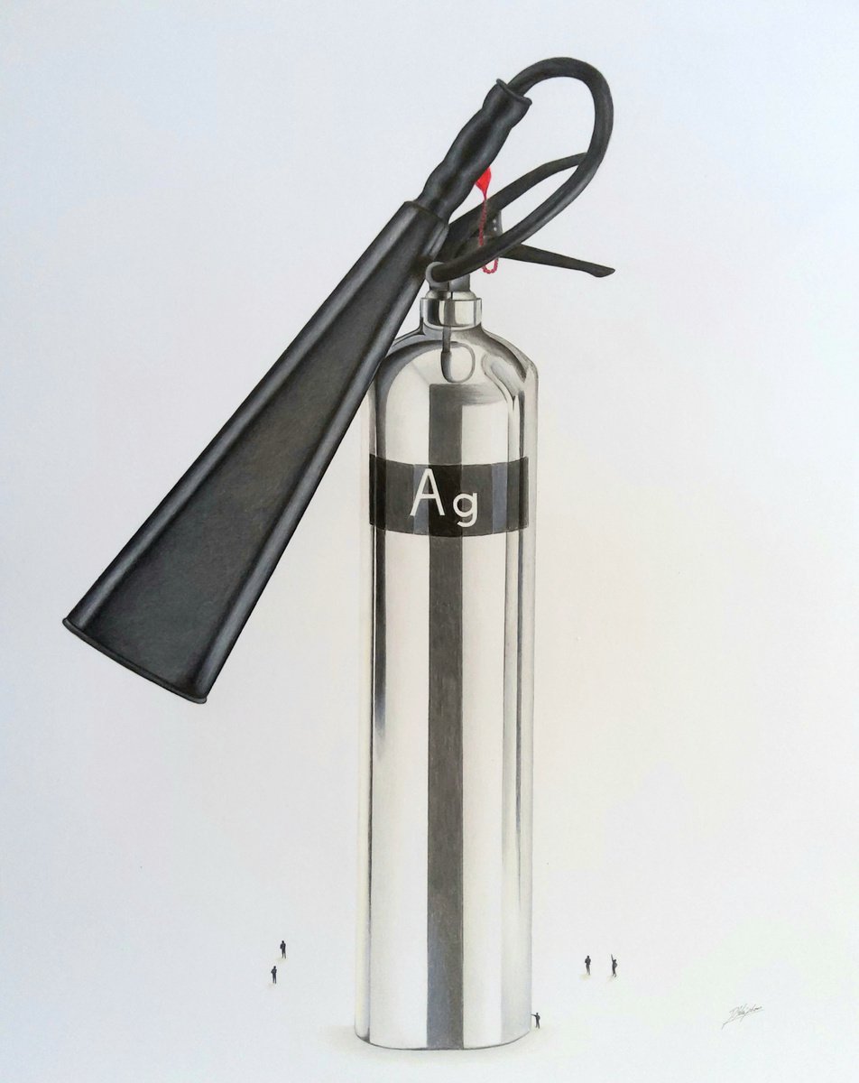 Urban And Pop Still Life Pencil Drawing By Daniel Shipton, 16 X 20, Silver Fire Extinguisher, Original Artwork