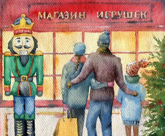 Travel to Christmas. Christmas fair in Moscow. Original watercolor artwork.