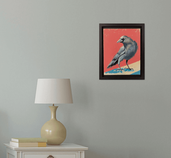 Crow black bird on pink. Original Oil Painting.