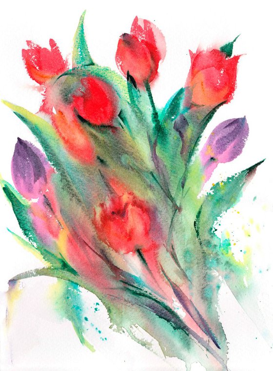 Tulip painting, Tulips watercolour, bunch of tulips, Red tulips, Floral art, flower painting