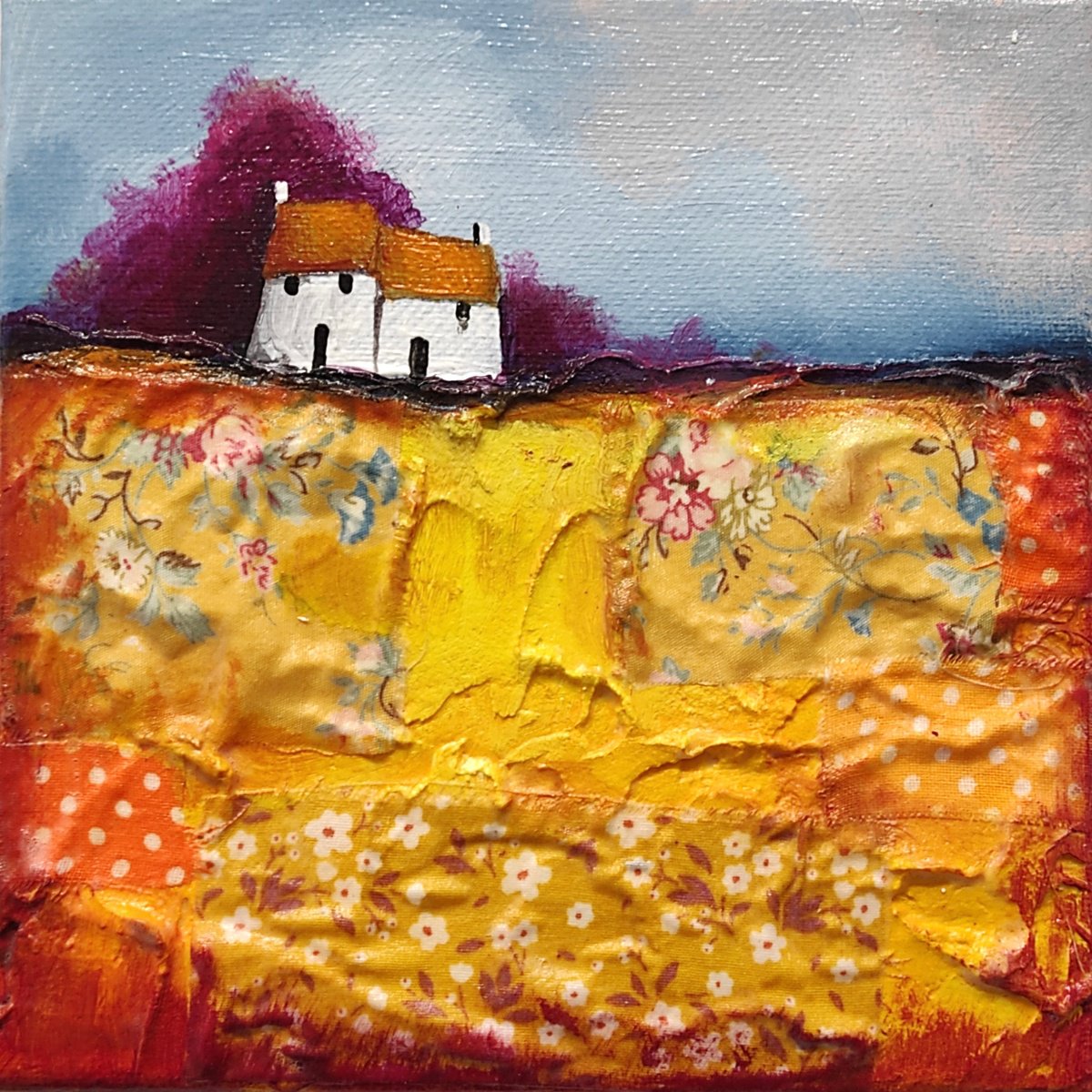 Little cottage on golden yellow patchwork Field Textured Landscape by Jane Palmer Art