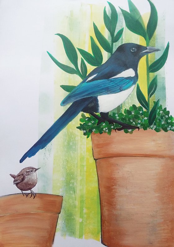 Jenny and Margaret  (magpie and wren mixed media painting)