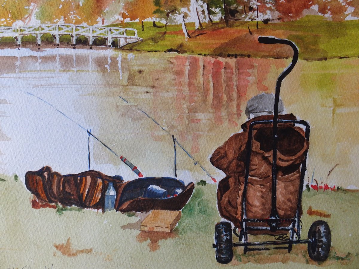 Photorealistic Portrait Watercolour By David Harmer, 18 X 14, Fishing At Painshill Park, Original Artwork