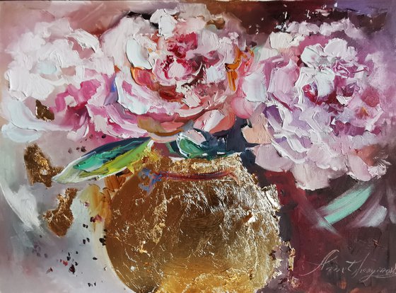 Floral Painting, Peonies painting on paper, Flowers oil art