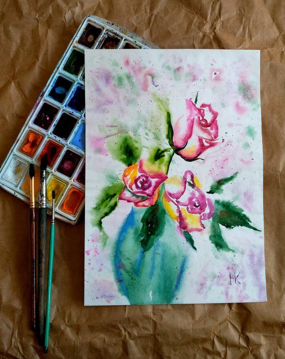 Roses Painting Floral Original Art Roses in Blue Vase Still Life Flowers Small Watercolor Artwork Home Wall Art 8 by 11" by Halyna Kirichenko