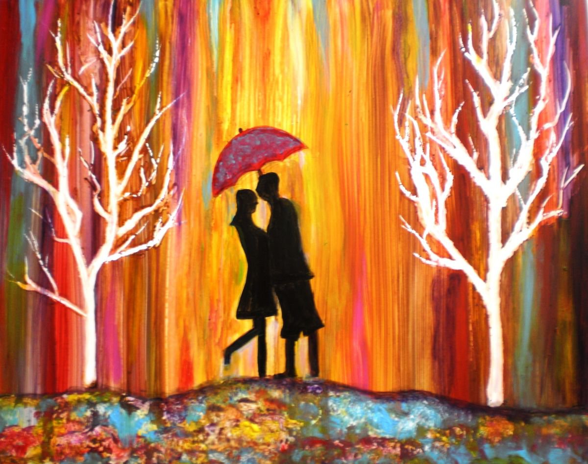 Romance in the Rain vibrant colorful romantic painting on sale by Manjiri Kanvinde