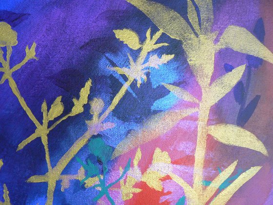 Chinoiserie  ( vibrant semi abstract flower painting with gold - ready to hang)