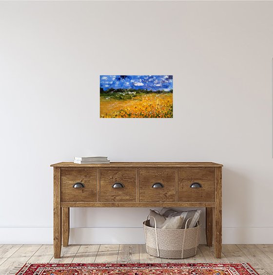 Ukraine Painting Landscape Original Art Sunflower Field Oil Impasto Artwork Ukrainian Sky Home Wall Art 20 by 12 inches