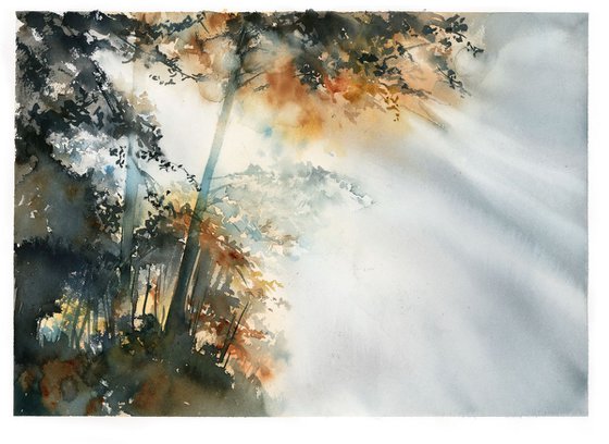 Autumnal forest, Light rays in a Morning fog Watercolor Painting
