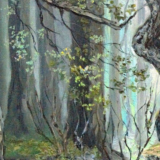 Elf house in a fantasy forest. Oil painting