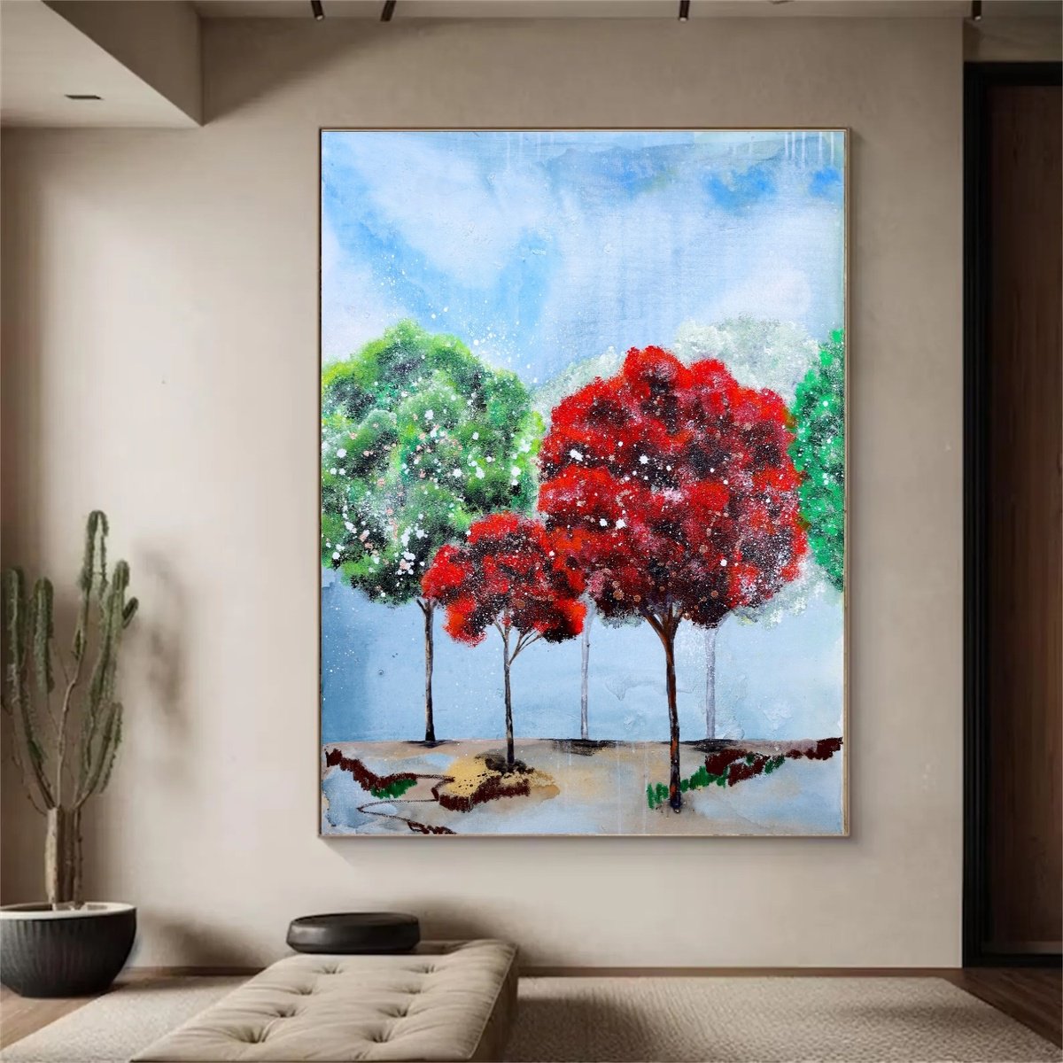 Impressionistic Landscape Painting By Poovi Art, 30 X 40", Trees Of Stillness, Original Artwork