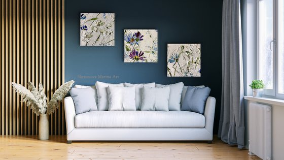 CREAMY FLOWER FACETS - Light shades. Delicate triptych. Beautiful flower panel. Light. Abstraction. Chrysanthemum. Charming.