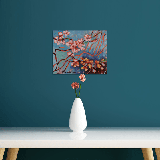 Almond blossom oil painting on wood