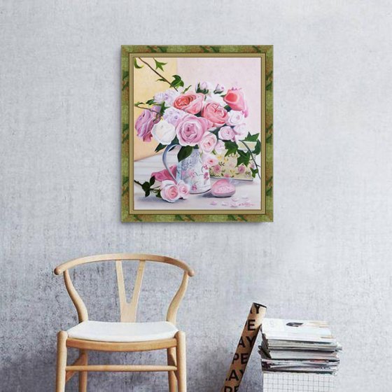 Shabby Chic Heart and Roses Oil Painting on Canvas. Flower Art. Wall Decor. Gift for Mom.