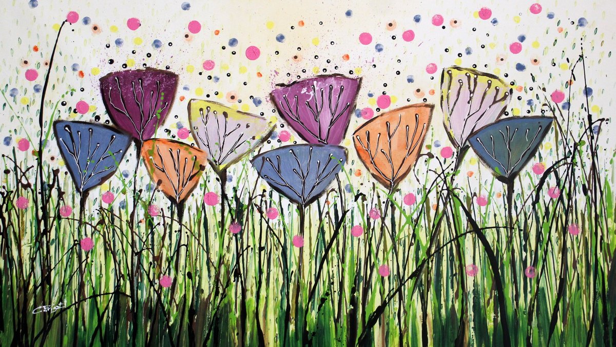 Organic Botanical Acrylic Painting By Cecilia Frigati, 39 X 24, Young Folks #9, Original Artwork