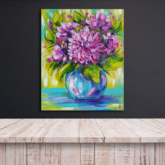 Hydrangeas flowers - oil painting, texture paste, flowers, bouquet of flowers, gift for woman, flowers in vase