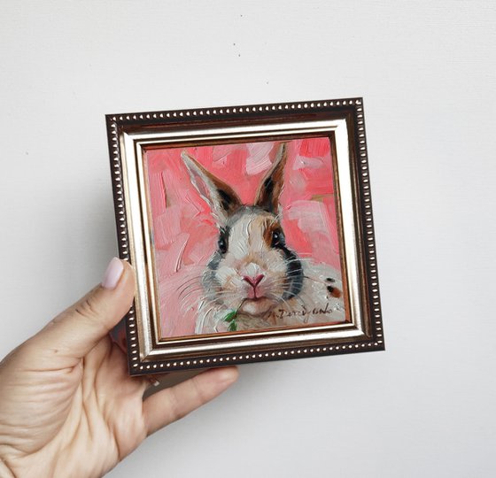 Cute rabbit painting original framed 4x4, Small framed art white rabbit artwork pink background