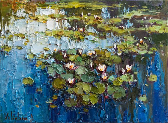 White Water Lilies - Pond flowers  Impasto Original Oil painting