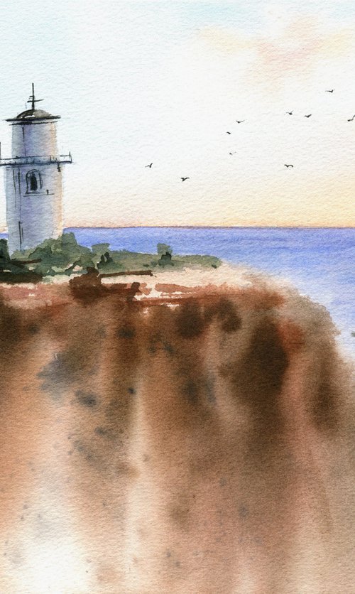 Califirnia lighthouse sunset original  watercolor painting with sea  , decor for living room, gift for sea lovers by Irina Povaliaeva