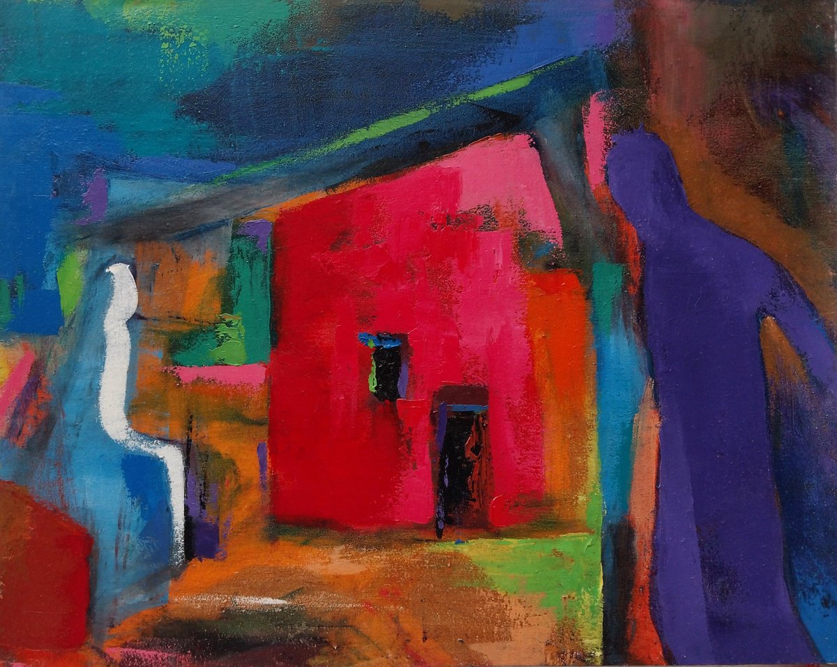 Abstract Portrait Oil Painting By Kamsar Ohanyan, 20 X 16", Meeting, Original Artwork