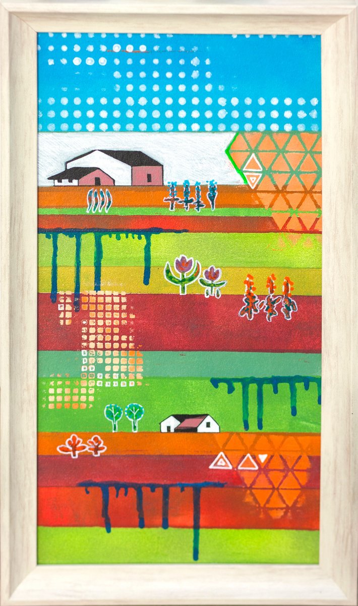 Geometric Landscape Acrylic Painting By Ariadna De Raadt, 9 X 17, Spring Holland, Original Artwork