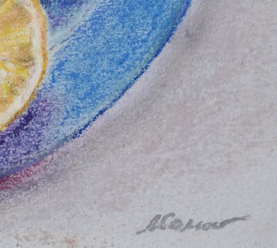 Tea with lemon - small pastel painting, present