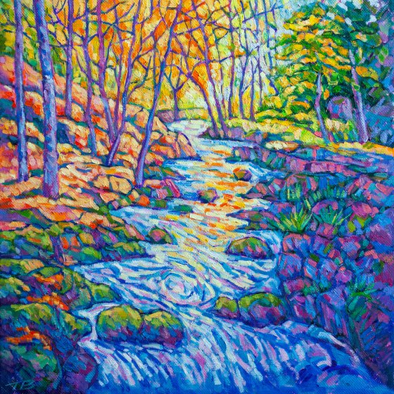 Autumn stream landscape oil painting