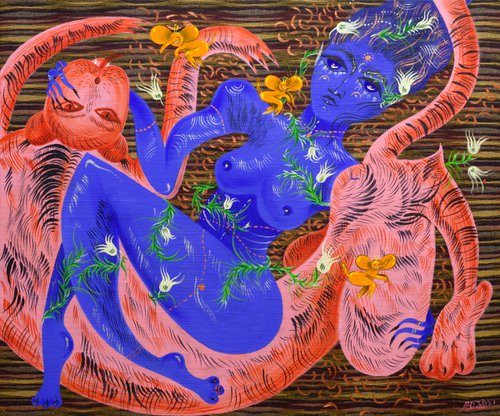 Blue Goddess Nude. Pink tiger by Anna Onikiienko