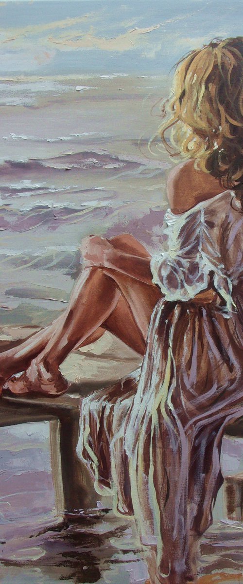 " WOMAN SITTING BY THE LAKE IN LIGHT " by Monika Luniak