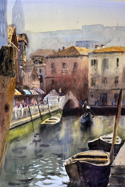 Gondola before bridge Venice Italy 53x35cm 2020 by Nenad Kojić watercolorist